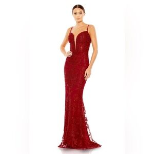 Mac Duggal Red Beaded Spaghetti-Strap Evening Gown